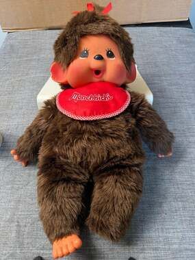 Large Monchhichi Girl Plush with Red Bib and Bow